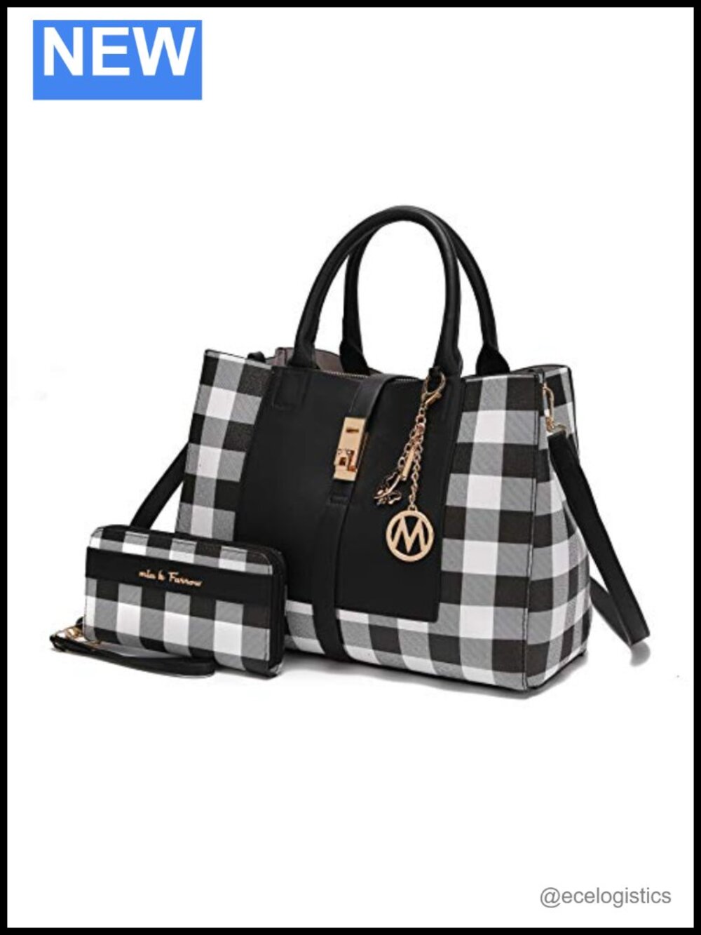 Faux Leather Satchel Bag & Wristlet Wallet Set with Gold-Tone Hardware,